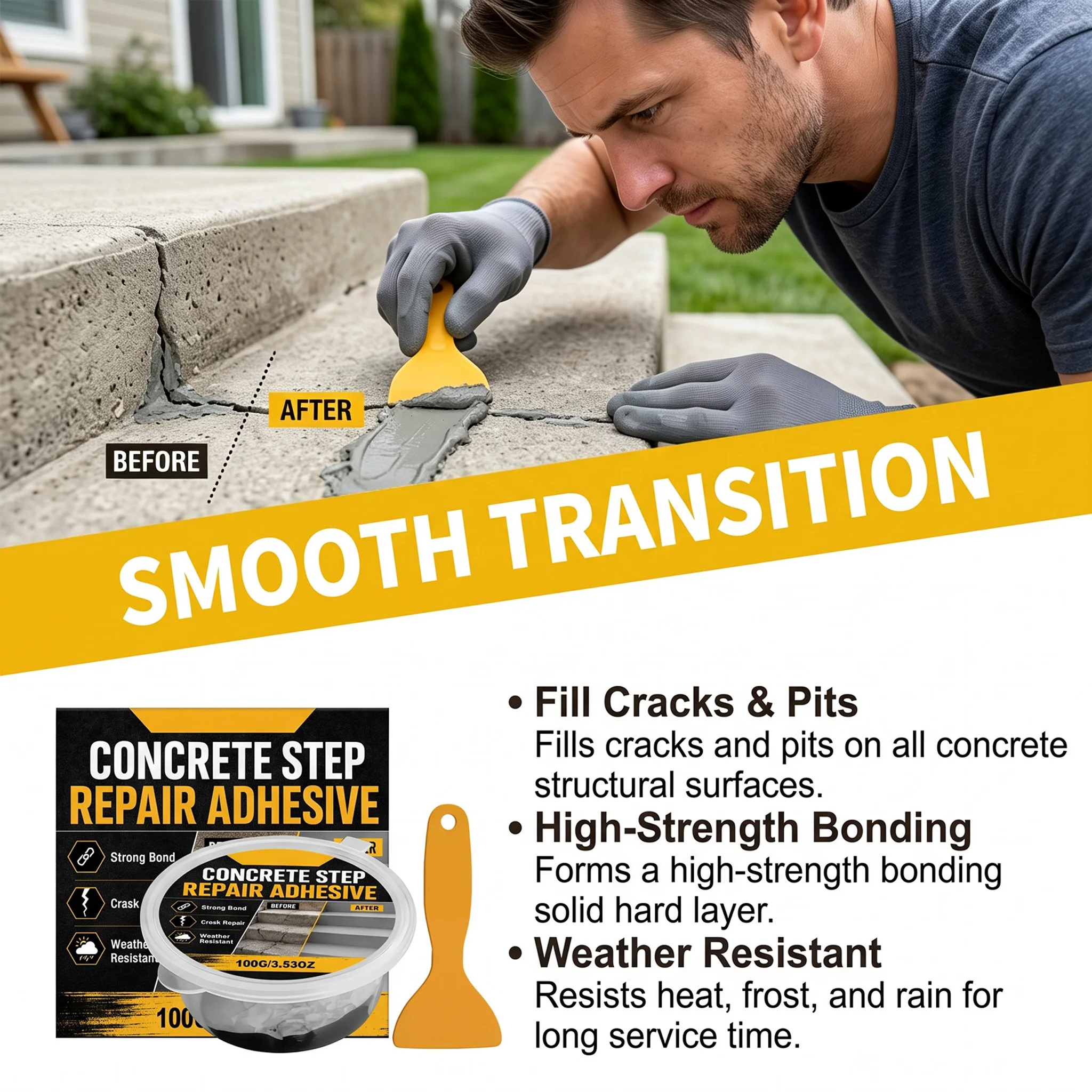 Concrete Step Repair Adhesive 100g Concrete Cracks Filler Anti-Flow Paste for Cracks Steps Driveway Weatherproof Strong Bond