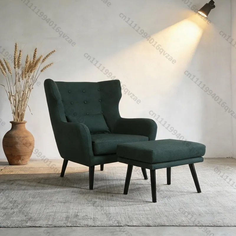 Button Tufted Decorative Wing Back Chair with Footstool Fabric Upholstered Armchair
