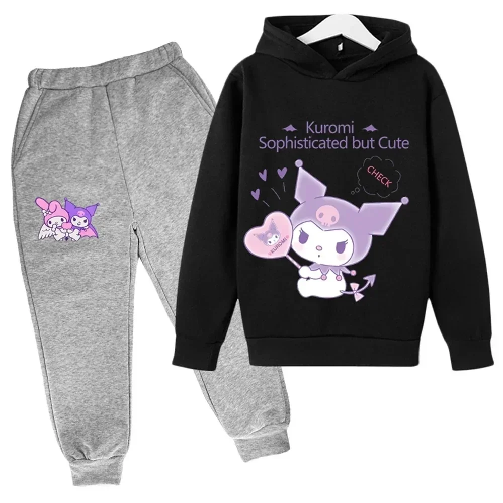 Autumn Hello Kitty Casual Funny Children Tracksuit Cute Kuromi Kids Hoodies Long Pant Suit 2Pcs Sets Sport Baby Girls Clothes