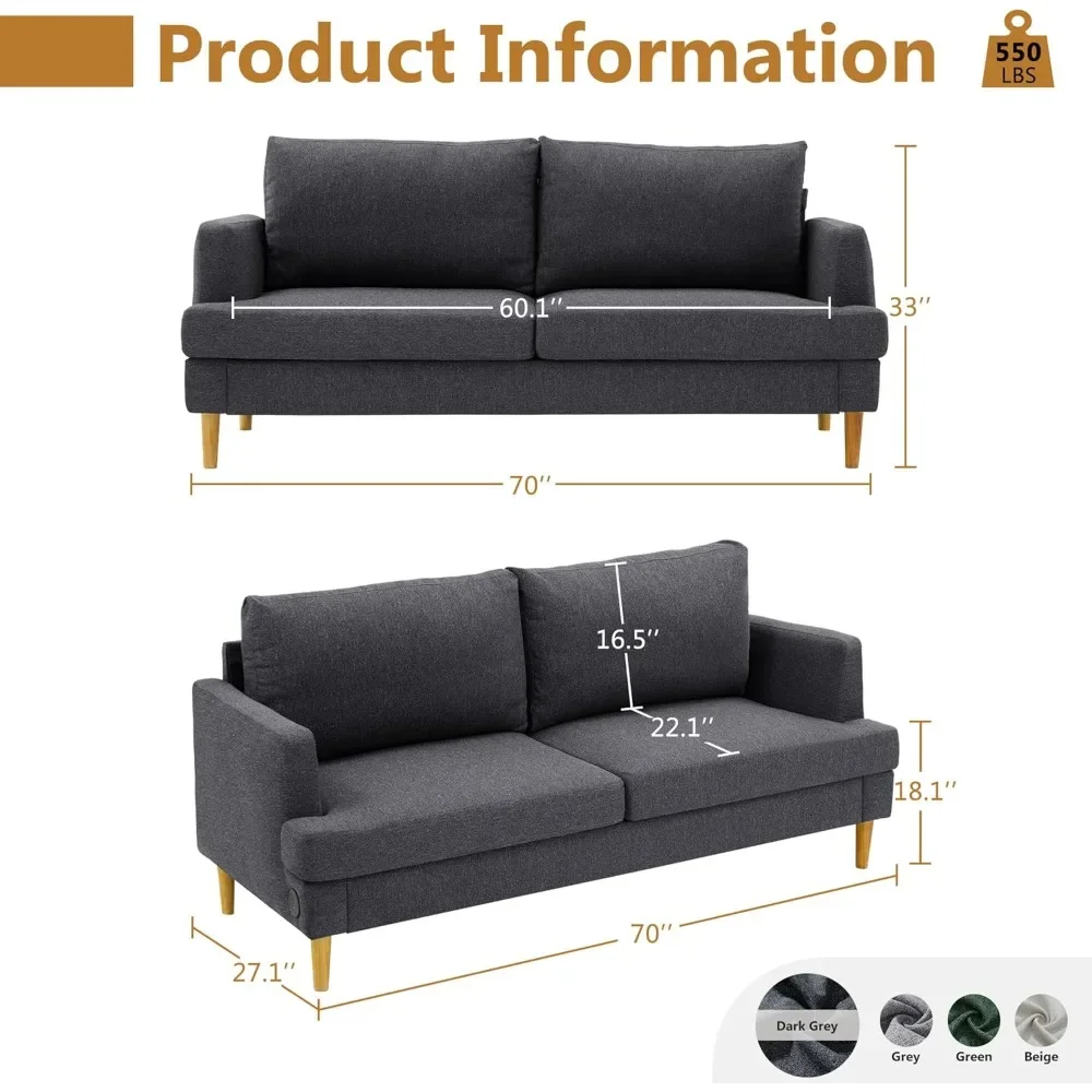 Dark Grey Sofa Bed Mid Century 2 Seat Upholstered Sofa Couch With USB Home Furniture Couch for Bedroom Small Space Apartment