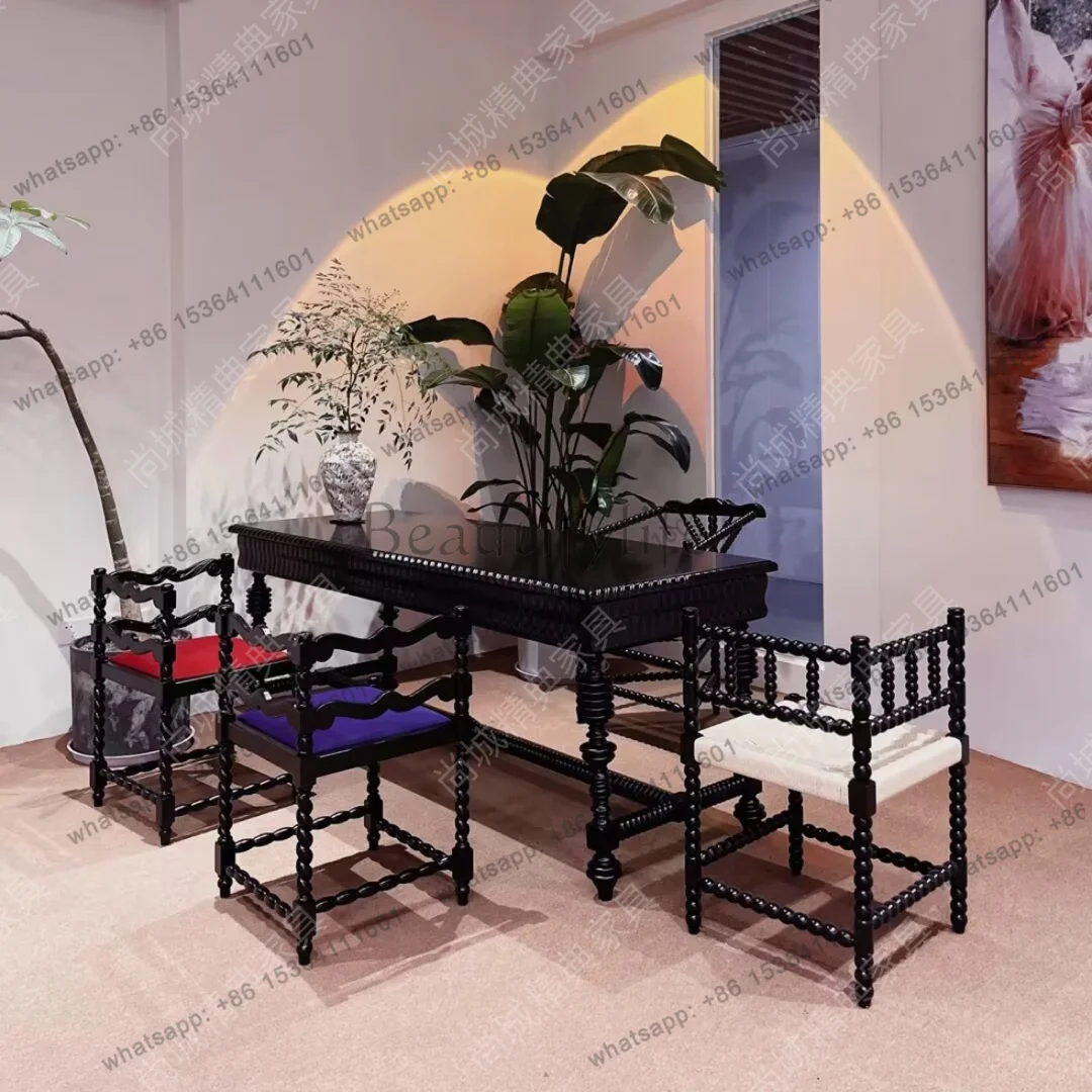 

yj9 French simple solid wood desk study carved three bucket desk