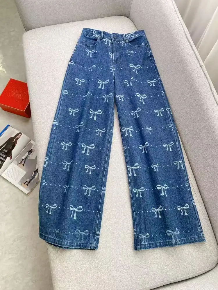 Early Spring New Fashion Blue Bow Printed Jeans Women Casual Washed Denim Wide-leg Pants Ladies