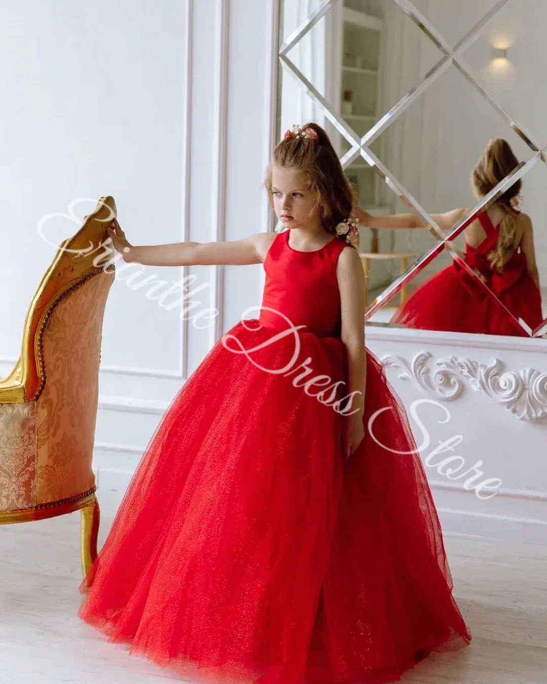 Vestido de niña de flores brillante para boda, tul rojo, largo hasta el suelo hinchado con lazo, fiesta de cumpleaños para niños, vestido de primera comunión personalizado