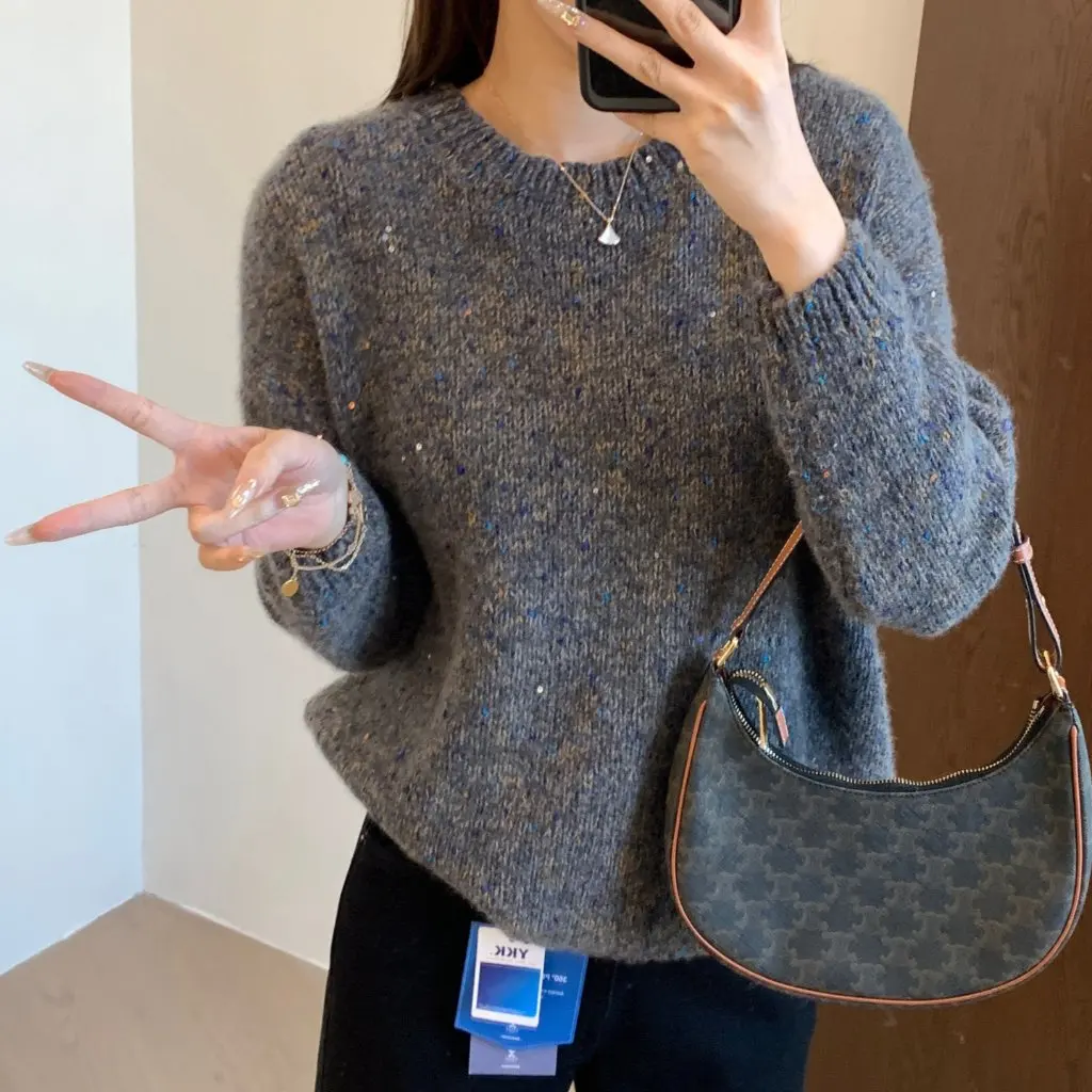 

Свитер из смешанной шерсти с цветочными пайетками и толстой текстурой, круглый вырез, рукав, свободный профиль, трехмерная палочка F120101