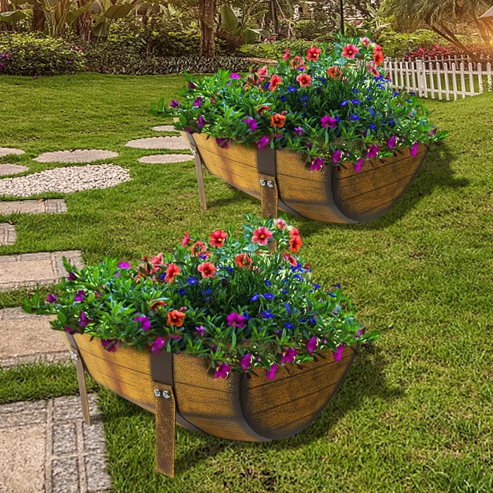 

2 Pack Rustic Barrel Planters, Metal Flower Pot Half Barrel Planter Box, 16.3x12.2x6.3 Inches Decorative Outdoor Garden