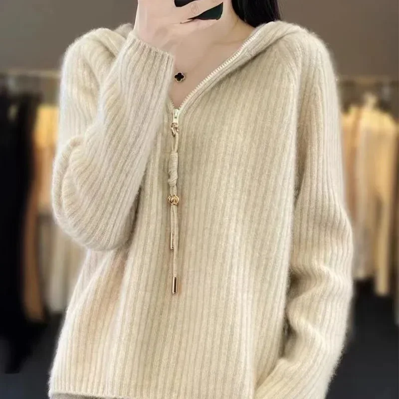 Autumn/Winter Sweater Women Hoodie Loose Casual Zipper Half Open Collar Pullovers Cashmere Supple Knit Top Solid Color Big Size