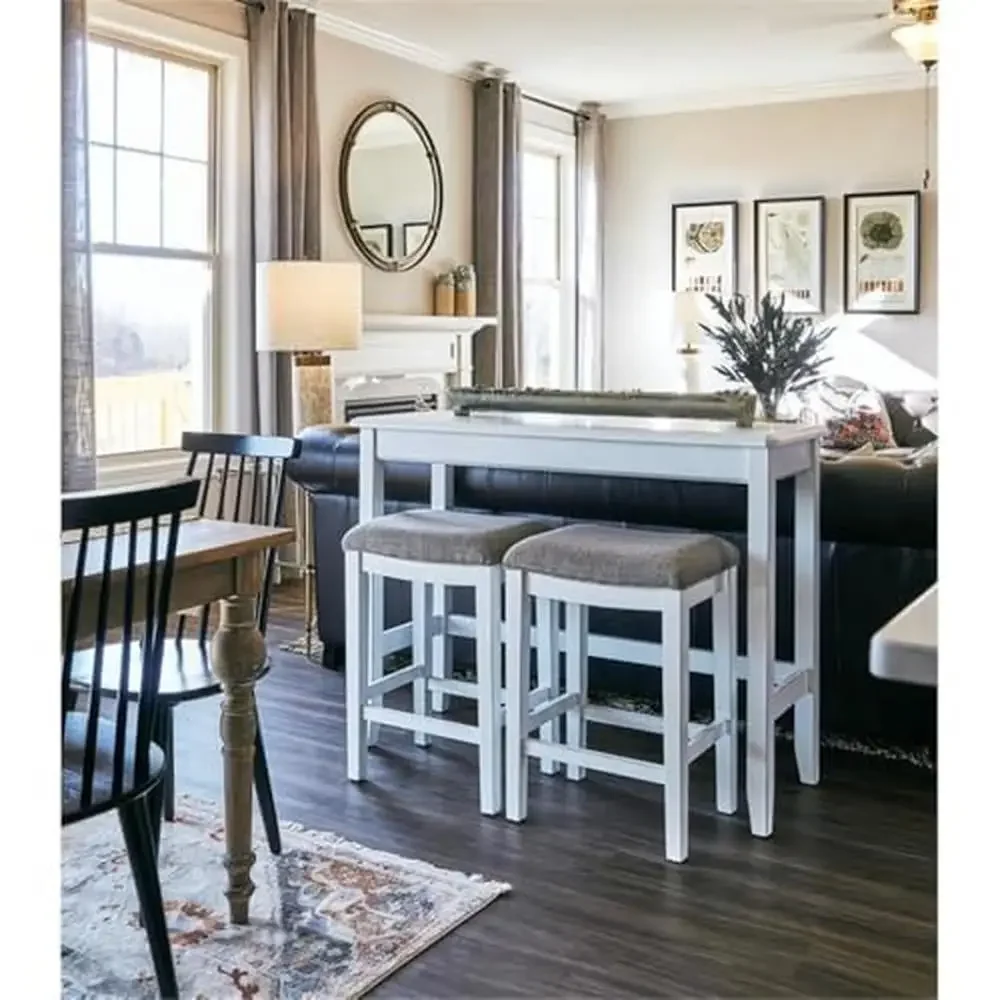 Pub-Height Sofa Table Set with Nested Stools Entertainment Dining Furniture Distressed White Finish Linen Upholstery Casual