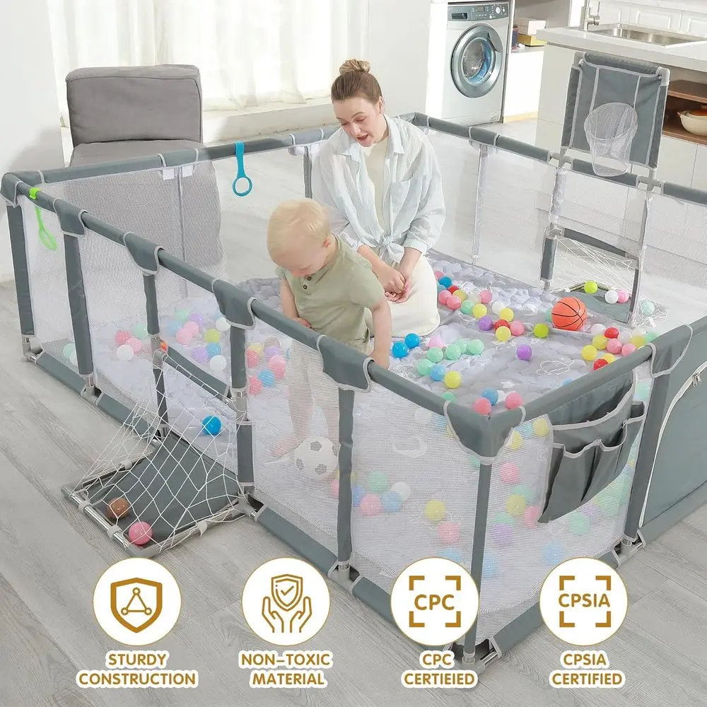 通気性のある79x71のベビーサークル、赤ちゃんや幼児向け、屋内外で使用可能、マット、オーシャンボール、吊り下げポケット、バスケットボールフープ、フットボール付き