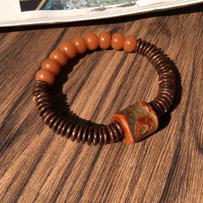 

White Weathered Bodhi Root Dzi Accessory Buddhist Bead Single-Loop Bracelet for Men and Women TikTok/Kuaishou
