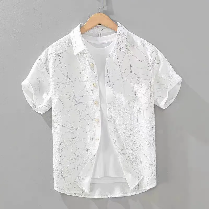 2026 Summer New Slightly Wrinkled Texture Hollow Tulle Short Sleeve Shirt for Men Fashion Turn-down Collar Thin Shirts