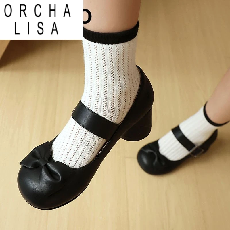 

ORCHA LISA Design Mary Janes Women Pumps Round Toe Chunky Heels 5.3cm Buckle Strap Bowknot Large Size 46 47 48 Sweet Dating Shoe