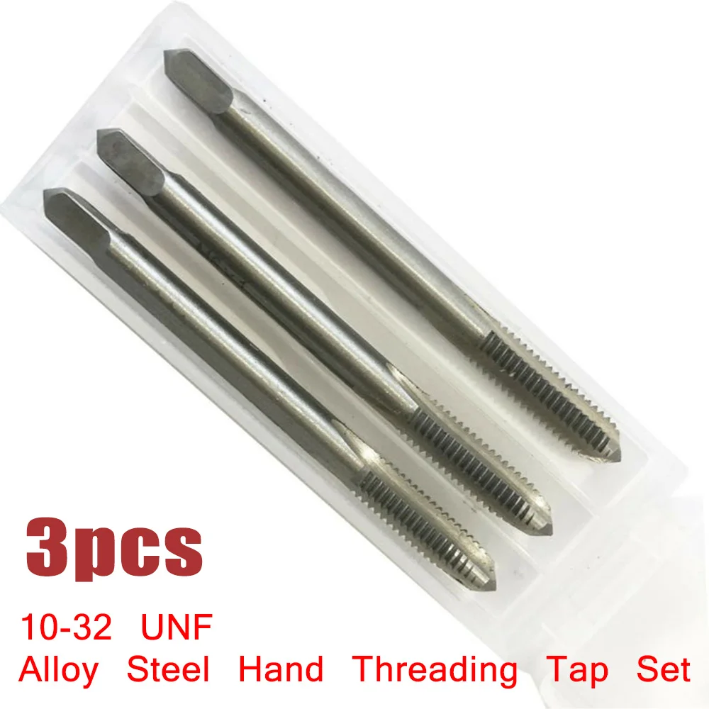 Alloy Steel Tap Set 3pcs #10-32 NF Taper Bottoming Tap Straight Flute Uncoated Bright Finish for Machinery Assembly Tasks