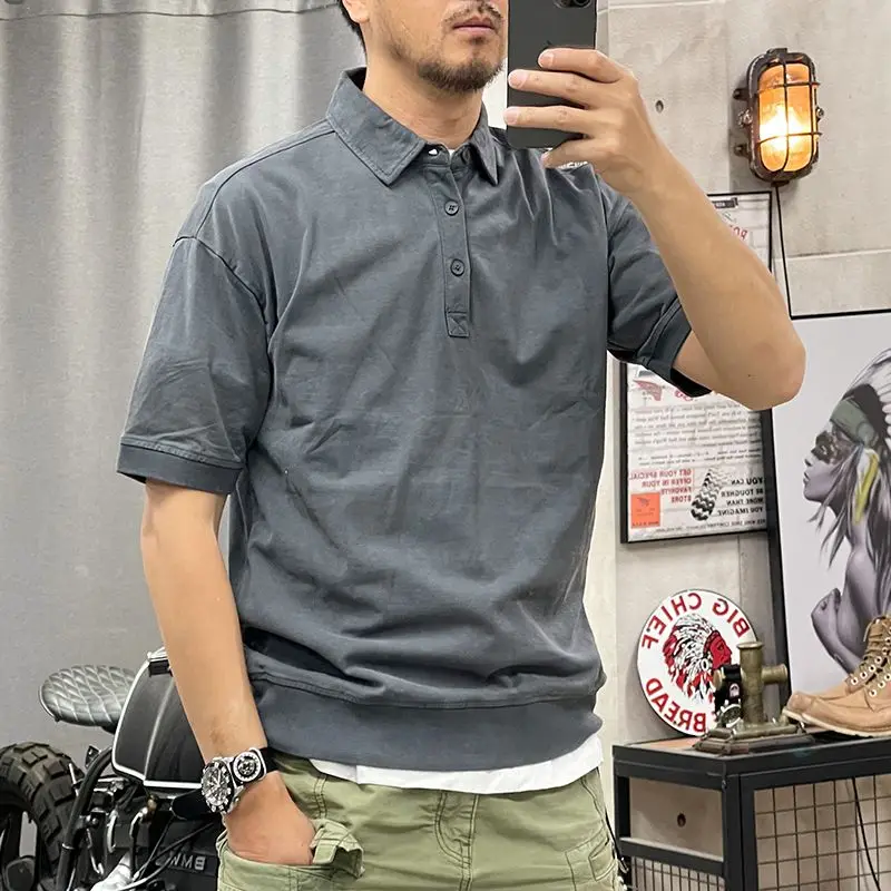 

American Retro Solid Color Summer Short-sleeved Polo Shirt Lapel T-shirt Men Pure Cotton Half-sleeved Top