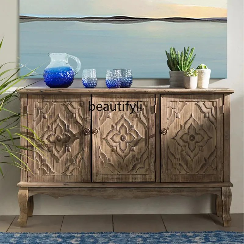 

American Country Wood Carved Sideboard Cabinet Multi-Function Locker Home Tea Storage Cabinet