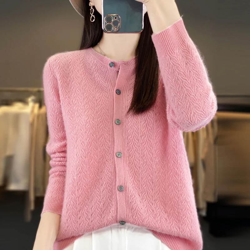 Women's Cardigan Spring/Autumn 100% Wool Knitted Sweater Casual Blouse Loose Ladies Tops Round Neck Single Breasted Jacket