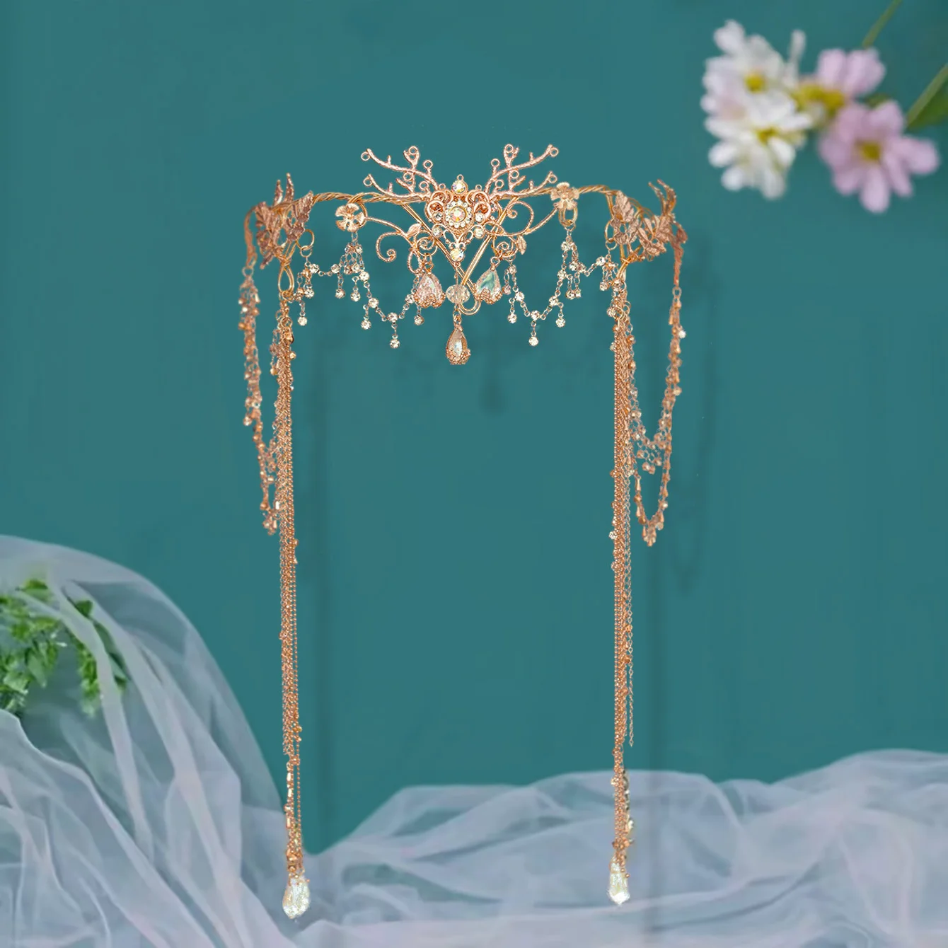 Exotic Elf Princess Hair Accessories Crystal Beads Long Chain Tassel Crown Tiara for Bride Wedding Headdress image 5