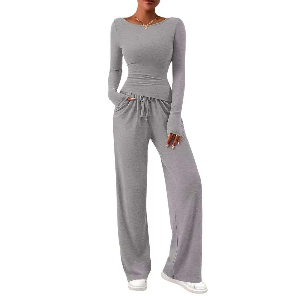 2025 الخريف ملابس رياضية مجموعة عادية غير المتماثلة طويلة الأكمام تي شيرت بنطال ذو قصة أرجل واسعة 2 قطعة مجموعة للمرأة #5