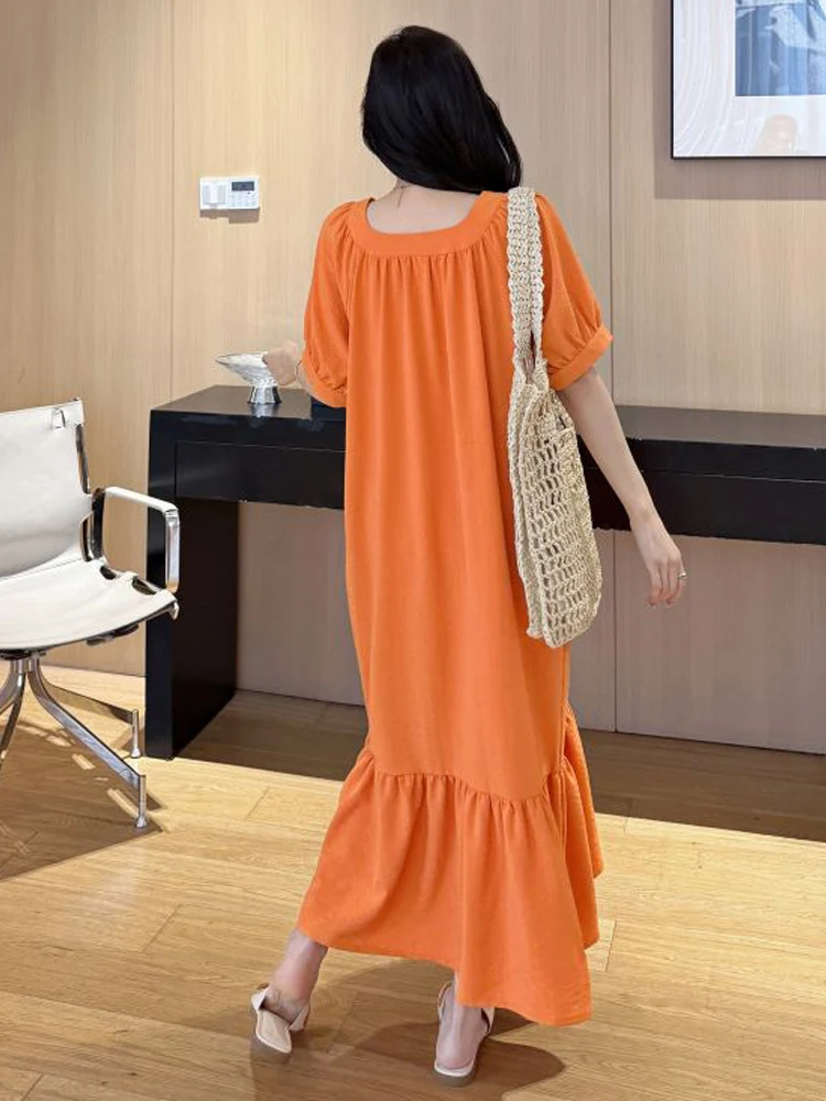 NYFS فستان صيفي 2025 النمط الكوري المرأة فضفاضة حجم كبير كم قصير القطن الكتان فستان طويل رداء Elbise #2