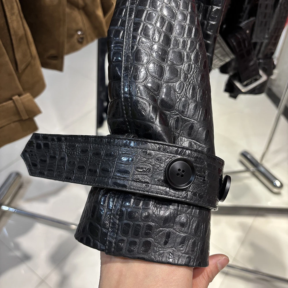 YOLOAgain Double Breasted Croc Pattern Leather Jacket Women 2026 Autumn New Genuine Leather Jacket Ladies