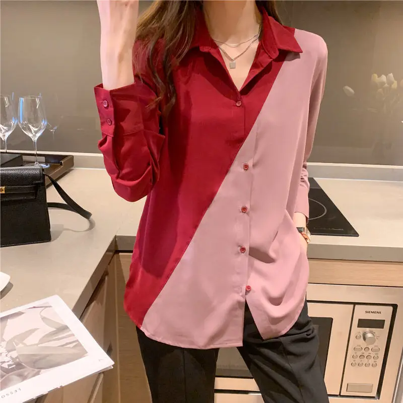 Color Blocking Patchwork Chiffon Shirt for Women\'s Spring Autumn Season Korean Fashion Versatile Loose Slim Long Sleeve Shirt