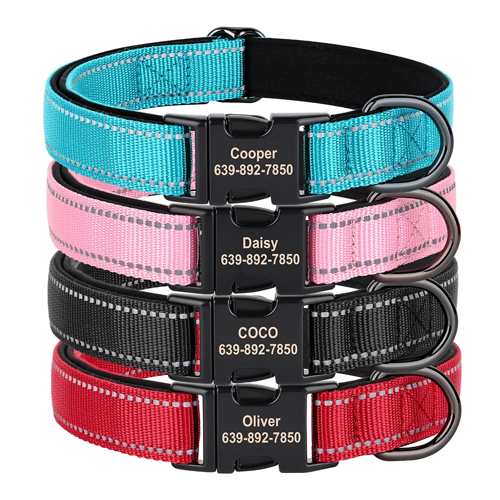 Reflective Nylon Dog Collar Custom Engraved ID Collars Durable Personalized Puppy Collar Adjustable for Small Medium Large Dogs