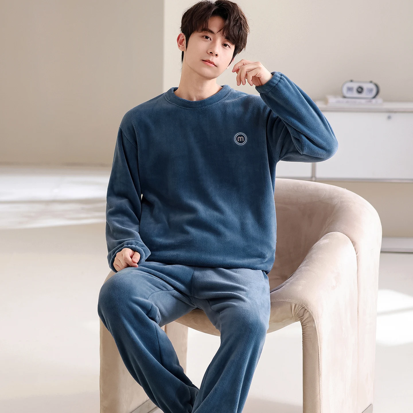Men's Pajamas Thick Coral Fleece Autumn Winter Pyjamas Male Homme Pijama Sleepwear Long-Sleeve O-Neck Pullover Lounge Sleep Set