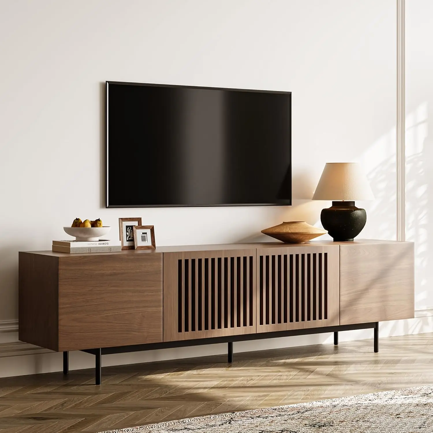 Center for 70 75+ Inch TV, Slatted Media Console TV Cabinet with Tall-cast Metal Legs, Walnut Veneer, Fully-Assembled, 78