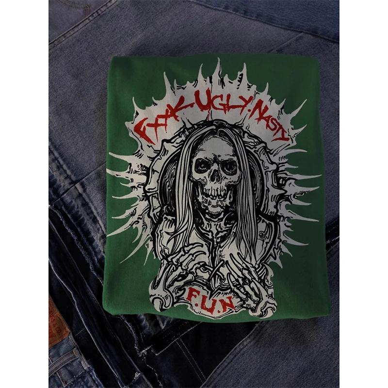 BOB DONG Biker Skull Graphic T-Shirt Slim Fit Rock n Roll Band Tee Shirt Green