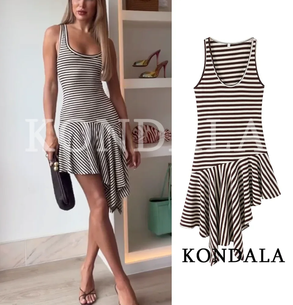 KONDALA Damen Trendiges Strandkleid Gestreiftes Kurzkleid Ärmellos Asymmetrischer Saum Kleid 2026 Frühling Sommer Urlaub Party Cami Mujer Kleid – Detail 2