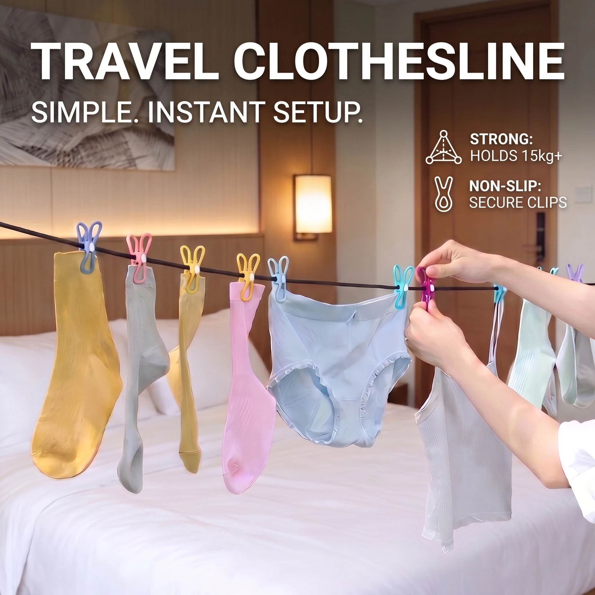 12 Clothespins, Camping Accessories Travel Clothesline for Outdoor Indoor, Retractable Clothes Line Elastic Clothesline for Camp