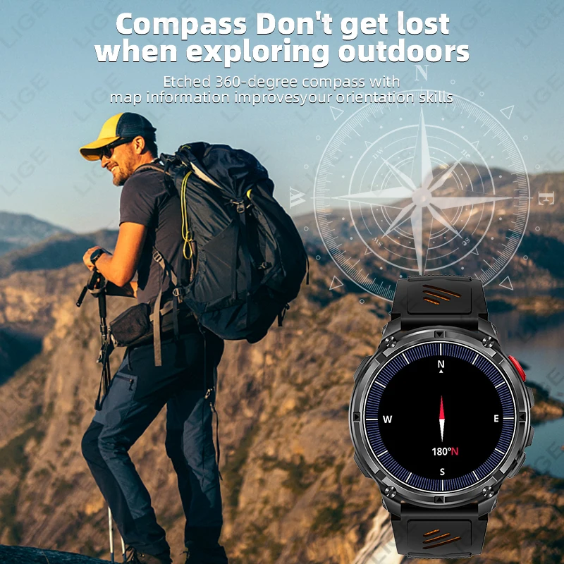 LIGE 2026 جديد 1100mAh بطارية كبيرة الرياضة المقتفي الساعات الذكية الرجال مصباح ليد جيب البوصلة بلوتوث دعوة مقاوم للماء Smartwatch