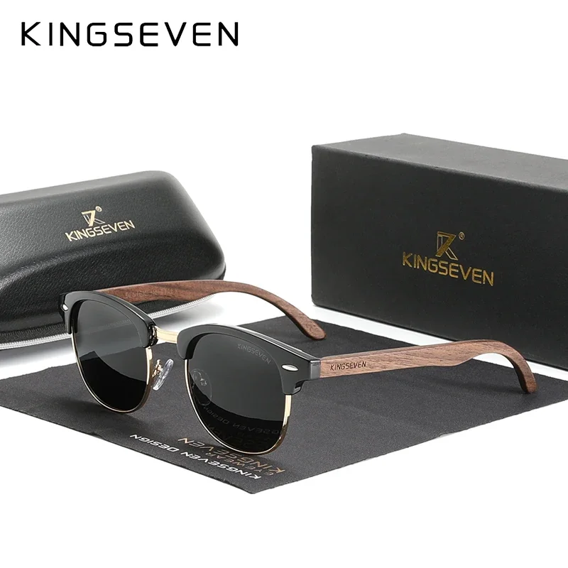 KINGSEVEN Handmade 2024 Black Walnut Wooden Sunglasses Men Polarized UV400 Protection Semi-Rimless Eyewear Women Accessories