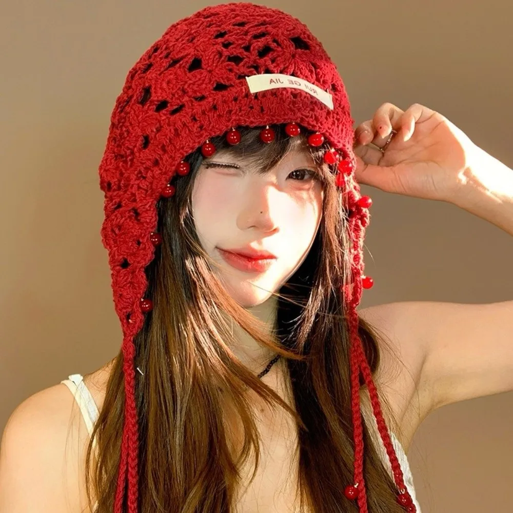 

Cute Handmade Crochet Tassels Cap Pearls Hollow Knitted Beanies Caps Y2k Sweet Weave Basin Hats Streetwear