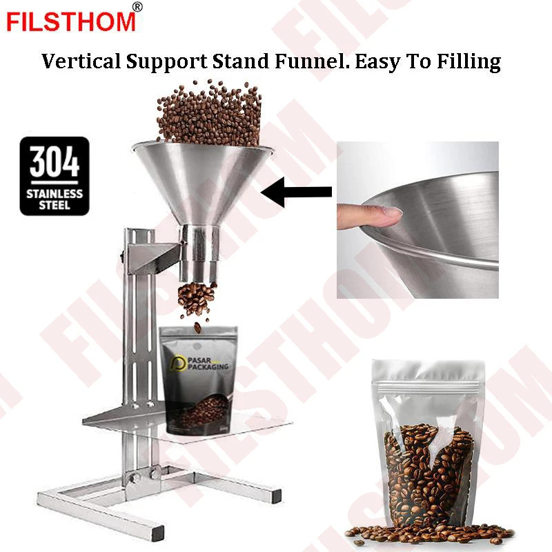 Vertical Stainless Steel Funnel Hopper Device With Support Stand For Bag Jar Filling Liquid Paste Granule Powder Food Standard