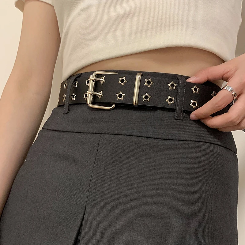 Double-Row Button PU Leather Belt Punk Style Decorative Women's Fashionable Vintage High-End No-Punching Waist Belt