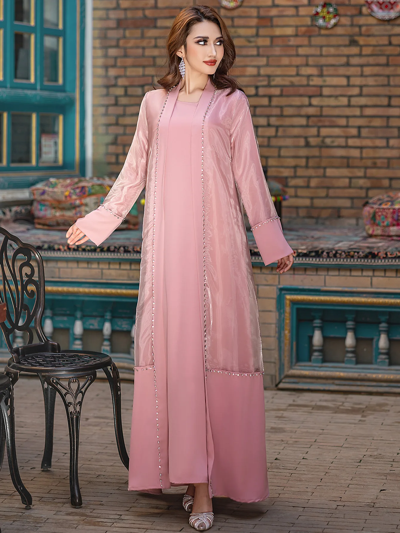 

Dubai 2 Piece Matching Open Abayas Long Dress Muslim Sets Turkey Arabic Kimono Women Dubai Islam Clothing Jalabiya Arab Robes