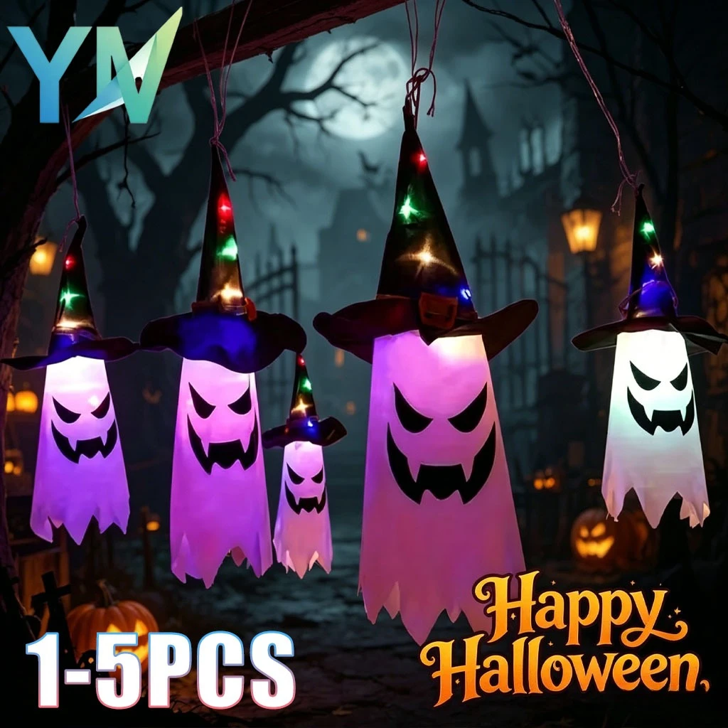 1-5PCS Halloween Glowing Wizard Hat with Ghost LED Hanging Ornament for Scary Room Decor Ghost Festival Party Flashing Pendant