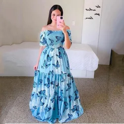 Vestidos largos con tirantes de flores para mujer, Vestido corto de fiesta de verano, elegante, informal, bohemio, vacaciones, hombros descubiertos, estampado