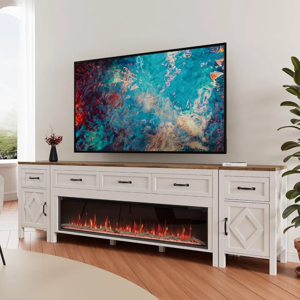 Soporte para TV grande con chimenea eléctrica incorporada para televisores de 100 pulgadas, centro de entretenimiento con almacenamiento y caja de fuego de 60 pulgadas