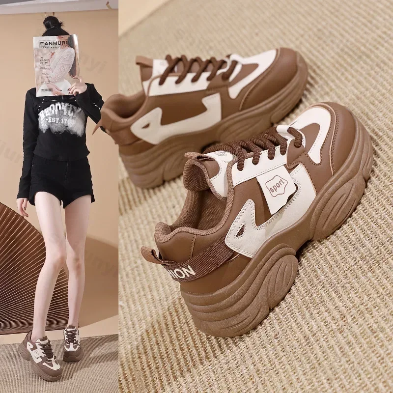 Sneakers Dames Casual Schoenen Nieuwe 2025, Mode Hoogte Toenemende Dikke Bodem Platform Sportschoenen Lederen Vrouw Dikke Sneakers