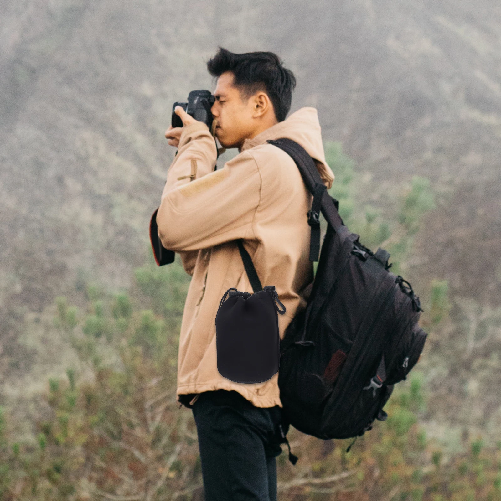 

3pcs Camera Lens Case Waterproof Padded Lens Storage Bag With Carabiner Outdoor Use Drawstring Pouch Dirt Sandproof