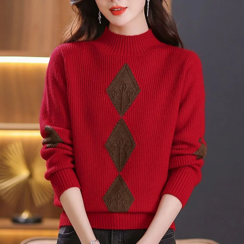 New Middle-aged Mother Short Fashion Knitted Sweaters Women Pullovers Autumn Winter Casual Warm Knitwear Femme Jumper