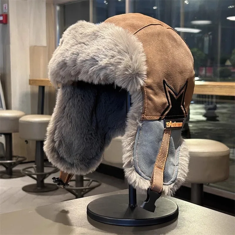 Autumn Winter Half Star Thicken Faux Fur Earflap Hat Ushanka Bomber Women Men  Ski Ride Travel Casual Warm Cap