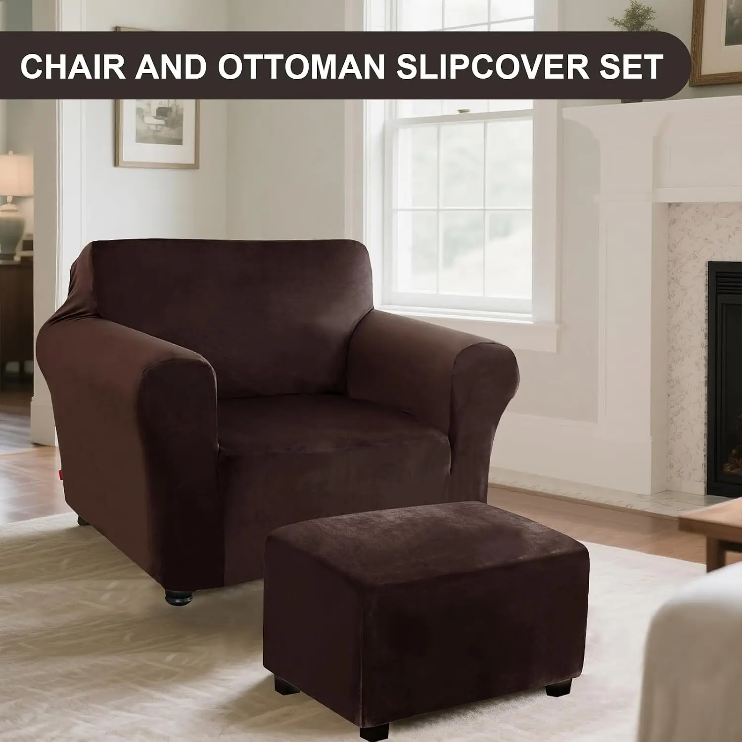 Chair and Ottoman Cover Set, Armchair and Ottoman Velvet Cover Non-Slip, Stretch Single Seat Sofa and Foot Stool Covers Set