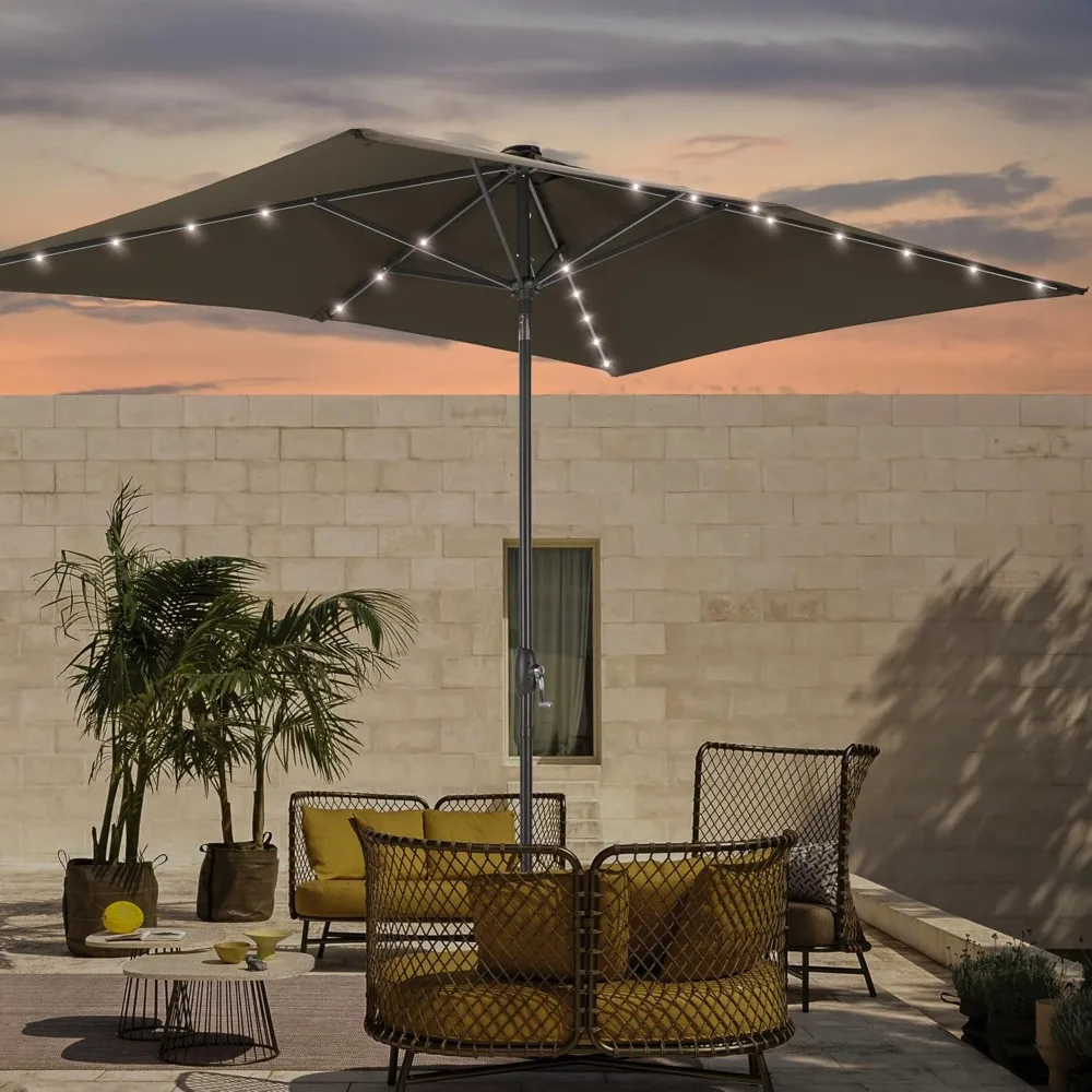 

Rectangle Patio Umbrella with Solar Lights, 6x9ft Outdoor Rectangular Table Market Umbrella Patio with Push Button, Customized
