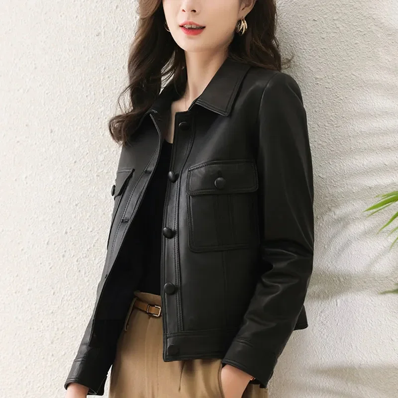 Spring Female Leisure PU Leather Jacket 2025 Women Fashion Short Leather Coat Retro Ladies Long Sleeves Faux Leather Outwear