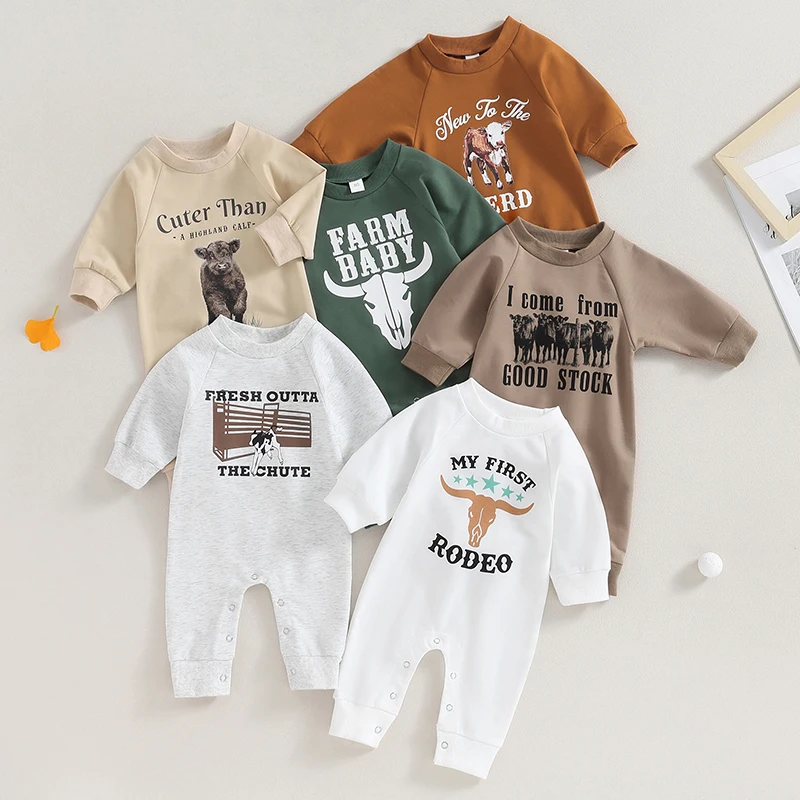 2023-08-01 Lioraitiin 0-12M Newborn Baby Boy Sweatshirt Rompers Western Bull Head Letter Print Long Sleeve Jumpsuit Fall Clothes