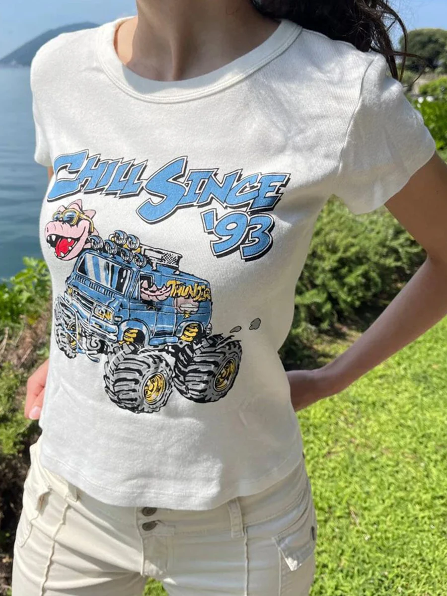 Cartoon Dinosaur Print Slim T-shirt Women Summer New Cotton O-neck Short Sleeve Tees Harajuku Streetwear White Crop Top 2026 New