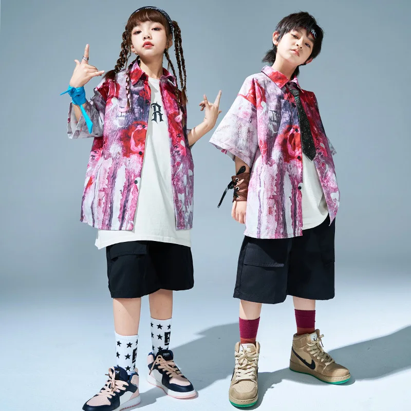 Kinder Hip Hop Kleidung Sets Krawatte Gefärbt Kurzarm Shirt Schwarz Shorts Jungen Street Dance Kostüm Mädchen Jazz Performance Anzug