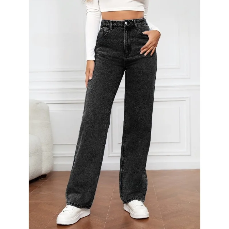 Damen High-Waist Schwarze Gewaschene Weite Jeans Gerade Denim-Hose Lässige Baggy Jeans Modische Streetwear-Hose – Detail 6